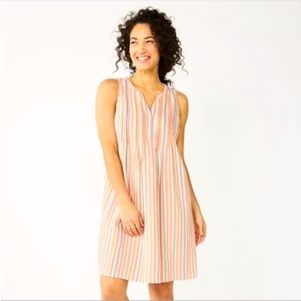 Sonoma Multicolor Linen Blend  Coastal Cottage Striped Shift Dress W / Pockets L